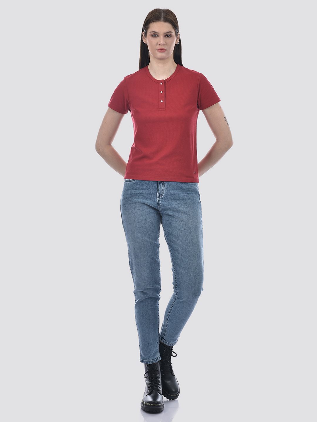 Numero Uno Women Red Henley Neck Waffle Knit T-Shirt